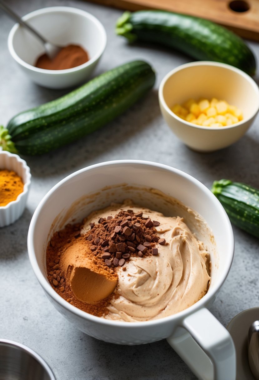 A kitchen counter with fresh zucchinis, cocoa powder, and muffin batter mixing in a bowl