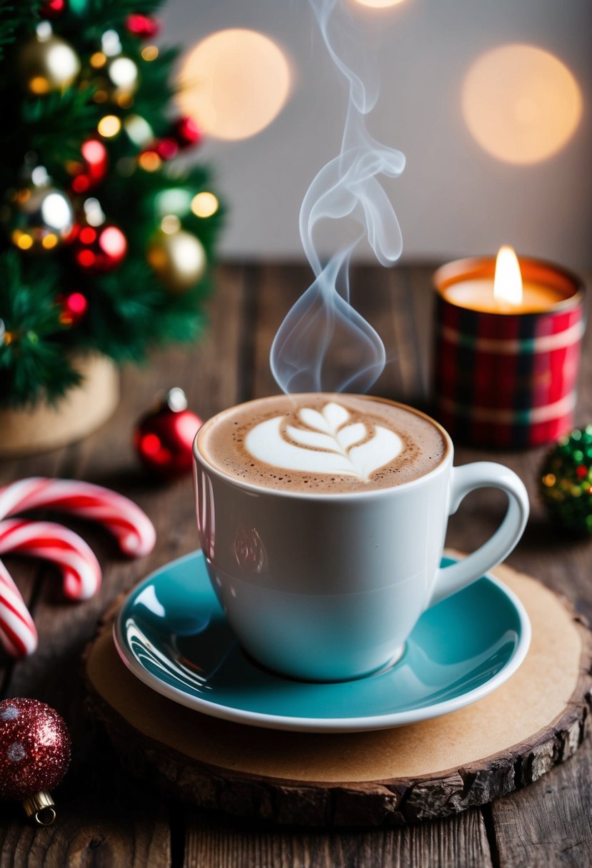 A steaming Peppermint Mocha sits on a rustic wooden table, surrounded by festive holiday decorations and a cozy atmosphere