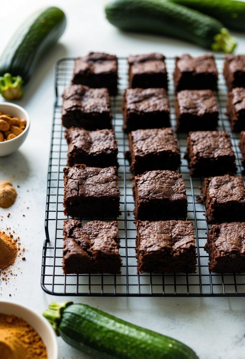 A kitchen counter with a freshly baked batch of moist dark chocolate zucchini squares cooling on a wire rack. Ingredients like zucchini and cocoa powder scattered nearby