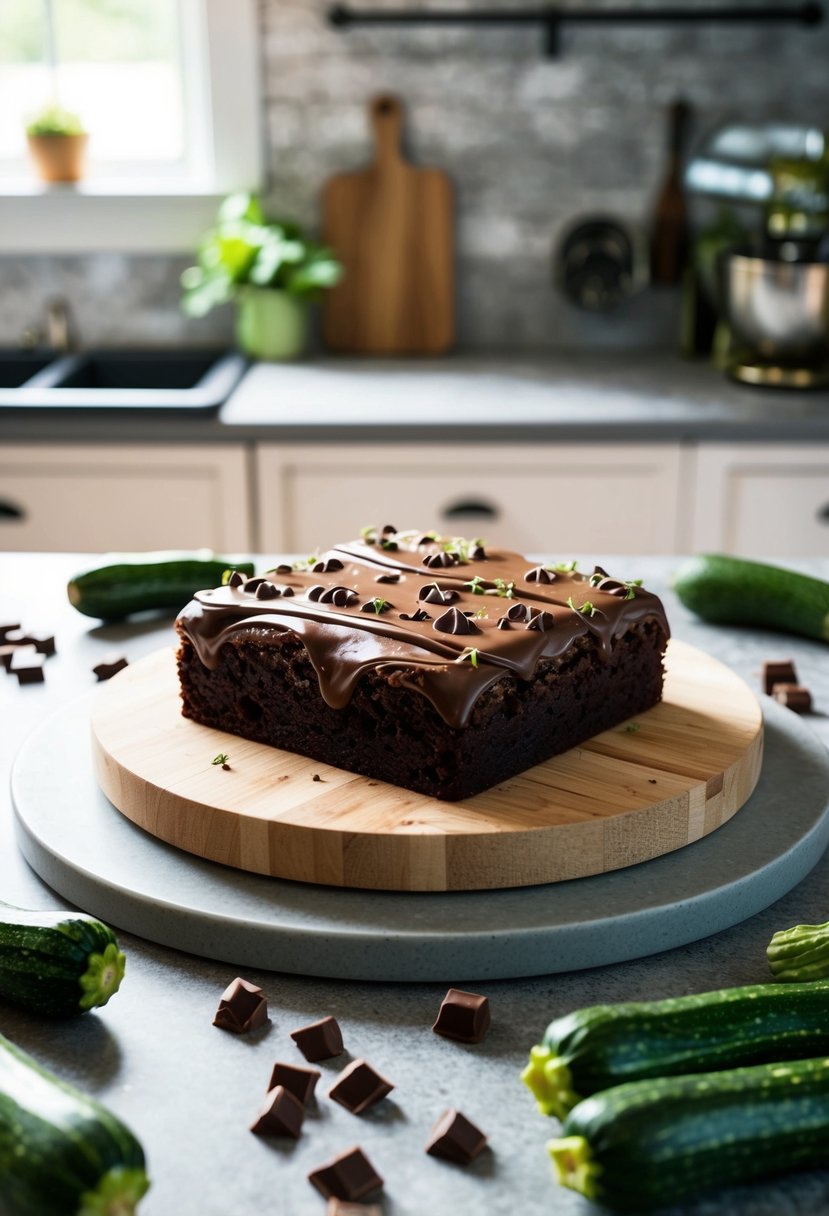 A rustic kitchen counter with a freshly baked zucchini brownie cake topped with ganache, surrounded by scattered zucchinis and chocolate ingredients