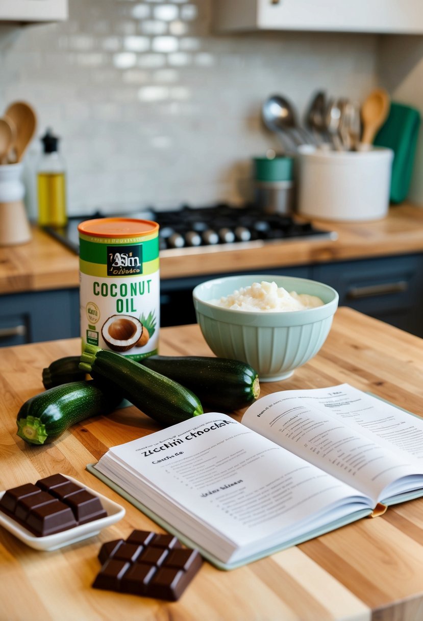 A kitchen counter with ingredients: zucchini, coconut oil, and chocolate, along with a mixing bowl and a recipe book open to zucchini chocolate cake recipes