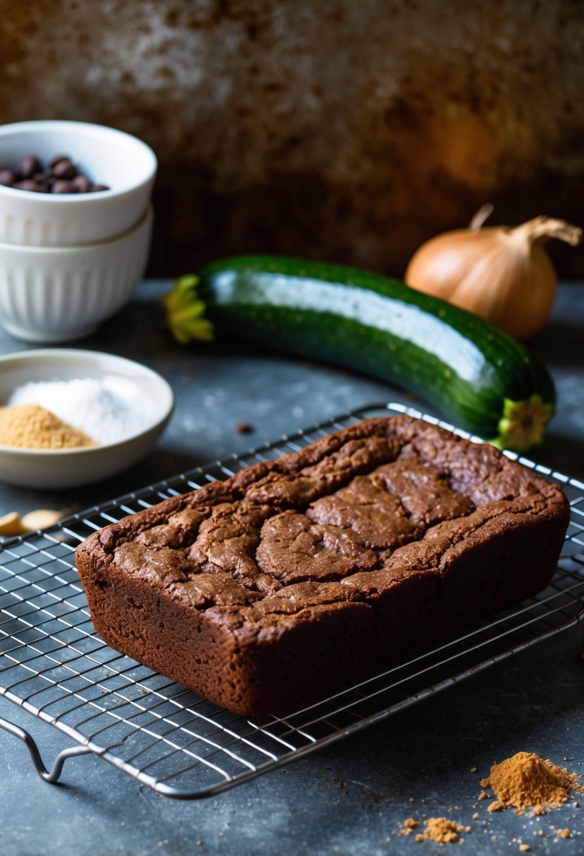 A freshly baked spiced zucchini chocolate sweet bread cooling on a wire rack.