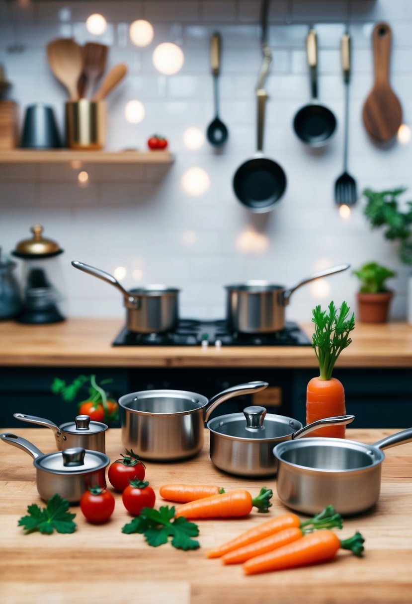 A whimsical kitchen counter with miniature pots, pans, and utensils, surrounded by tiny ingredients like cherry tomatoes and baby carrots