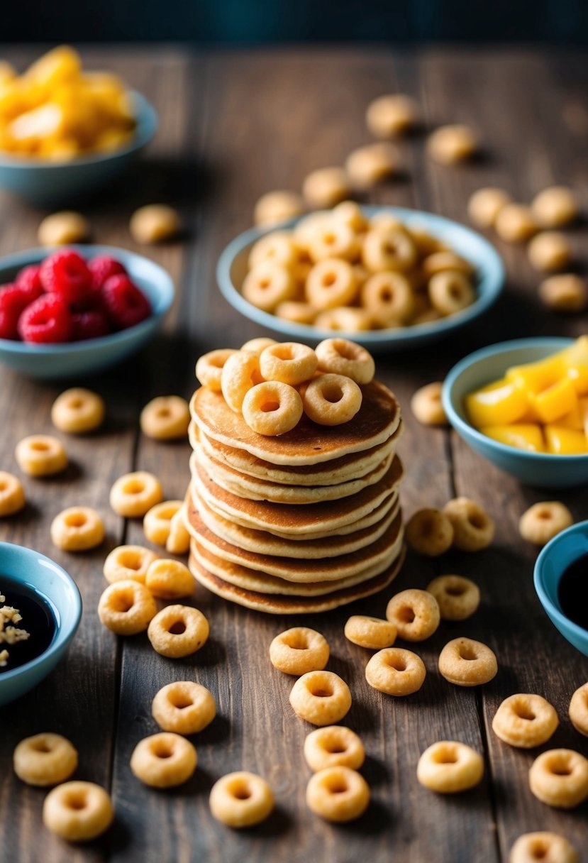 A pile of mini pancake cereal scattered across a wooden table, surrounded by small bowls of syrup and fruit toppings