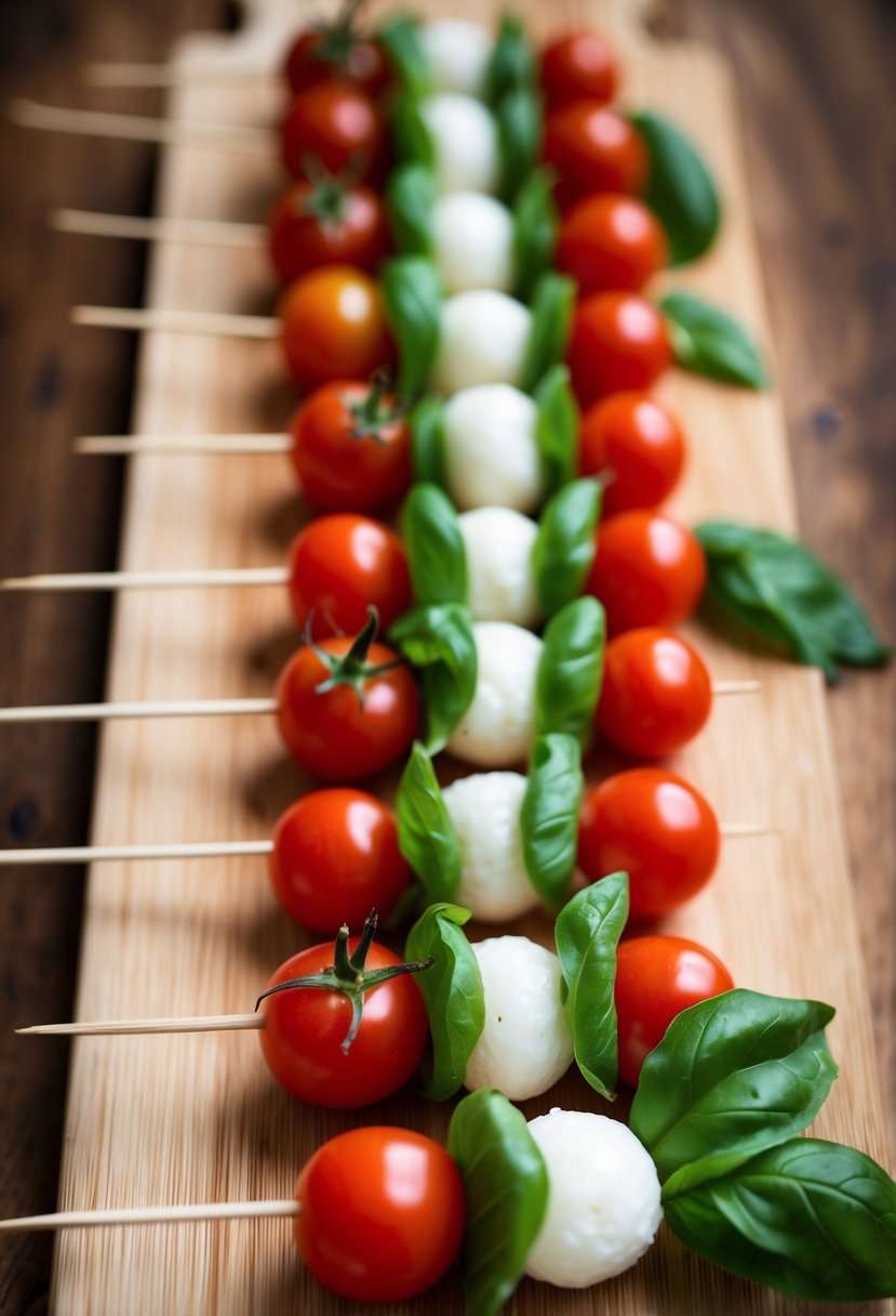 A wooden cutting board with rows of cherry tomatoes, mozzarella balls, and basil leaves, skewered together on toothpicks