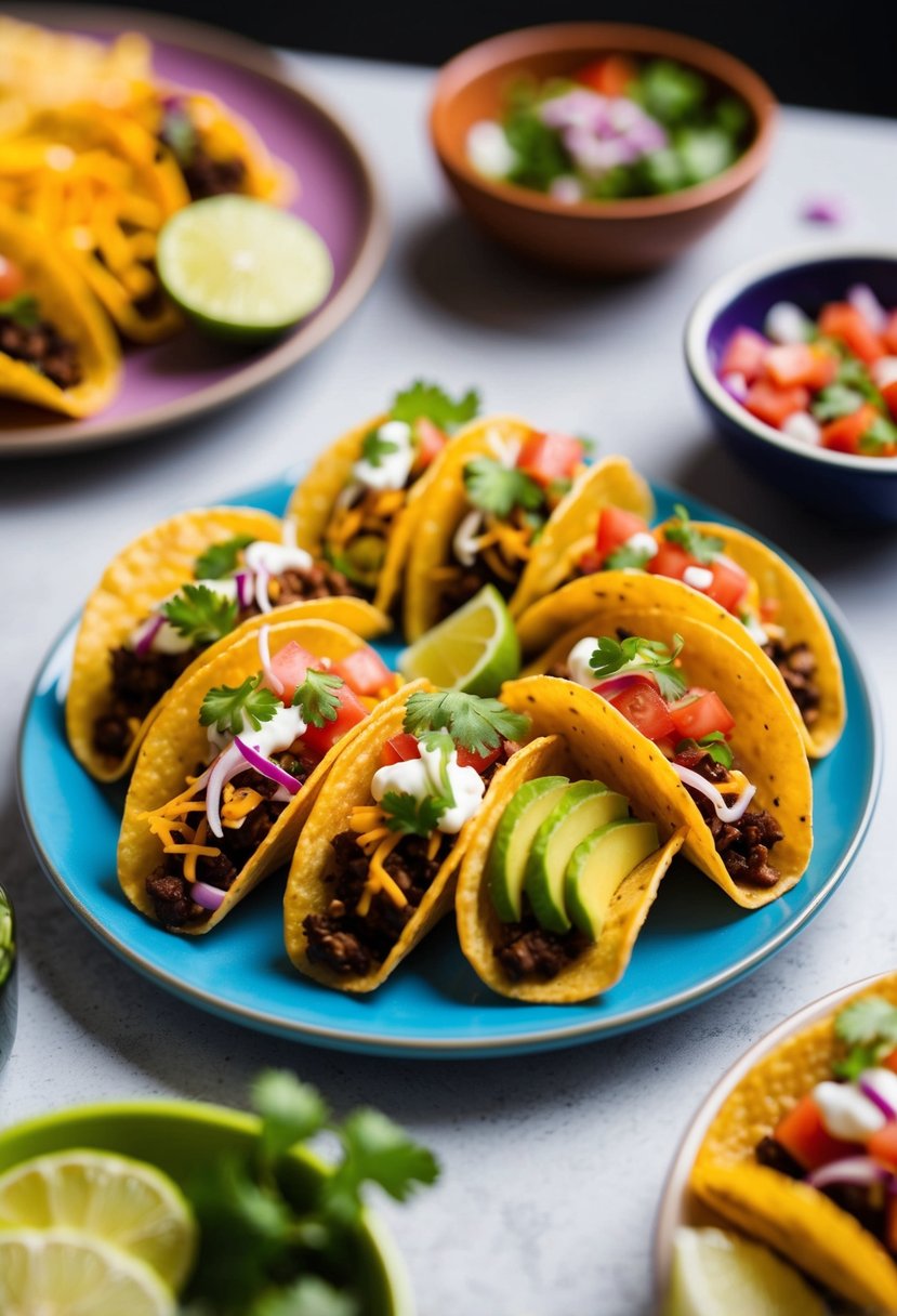 A colorful array of miniature tacos arranged on a tiny plate with vibrant toppings and garnishes