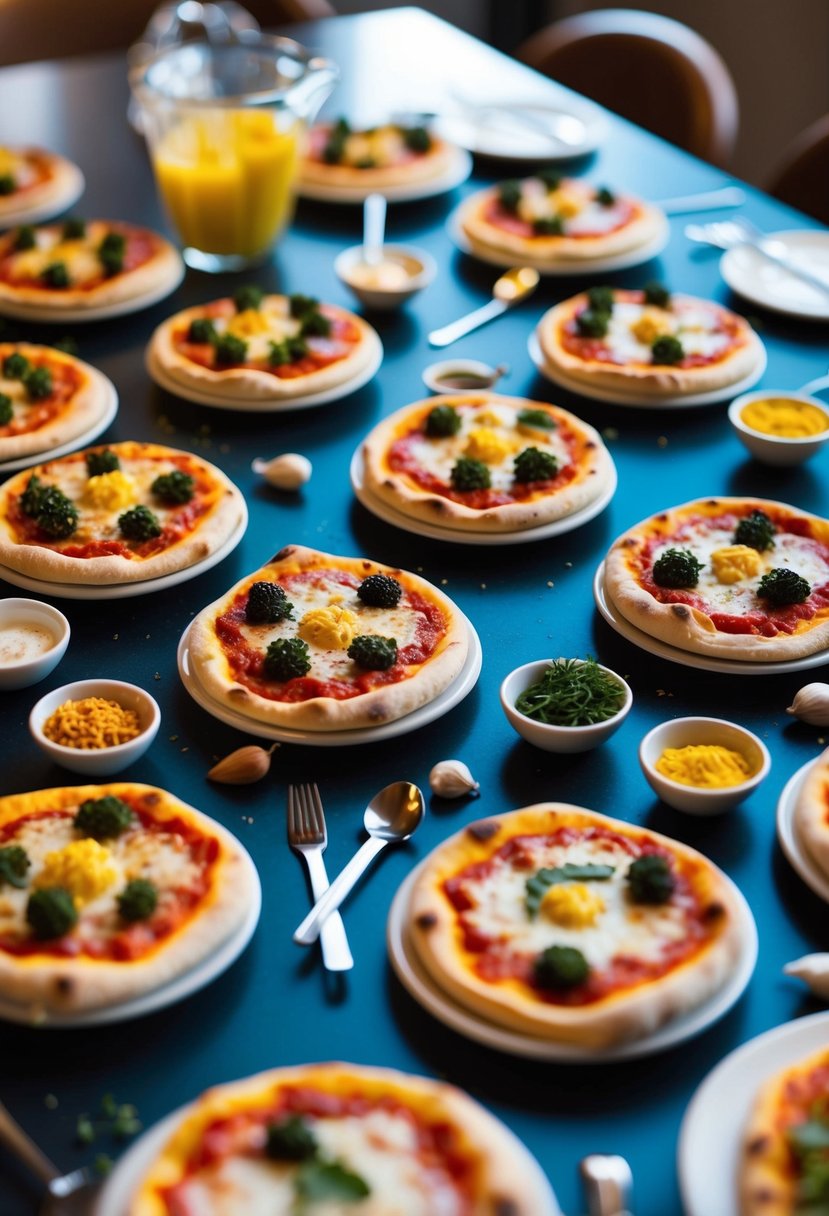 A table covered in miniature pizzas, surrounded by tiny utensils and ingredients