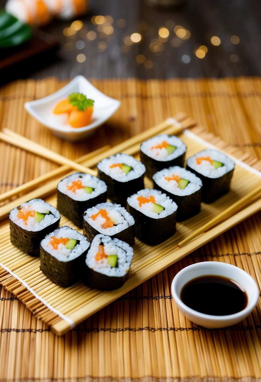 A platter of miniature sushi rolls arranged on a bamboo mat with chopsticks and a small dish of soy sauce beside them