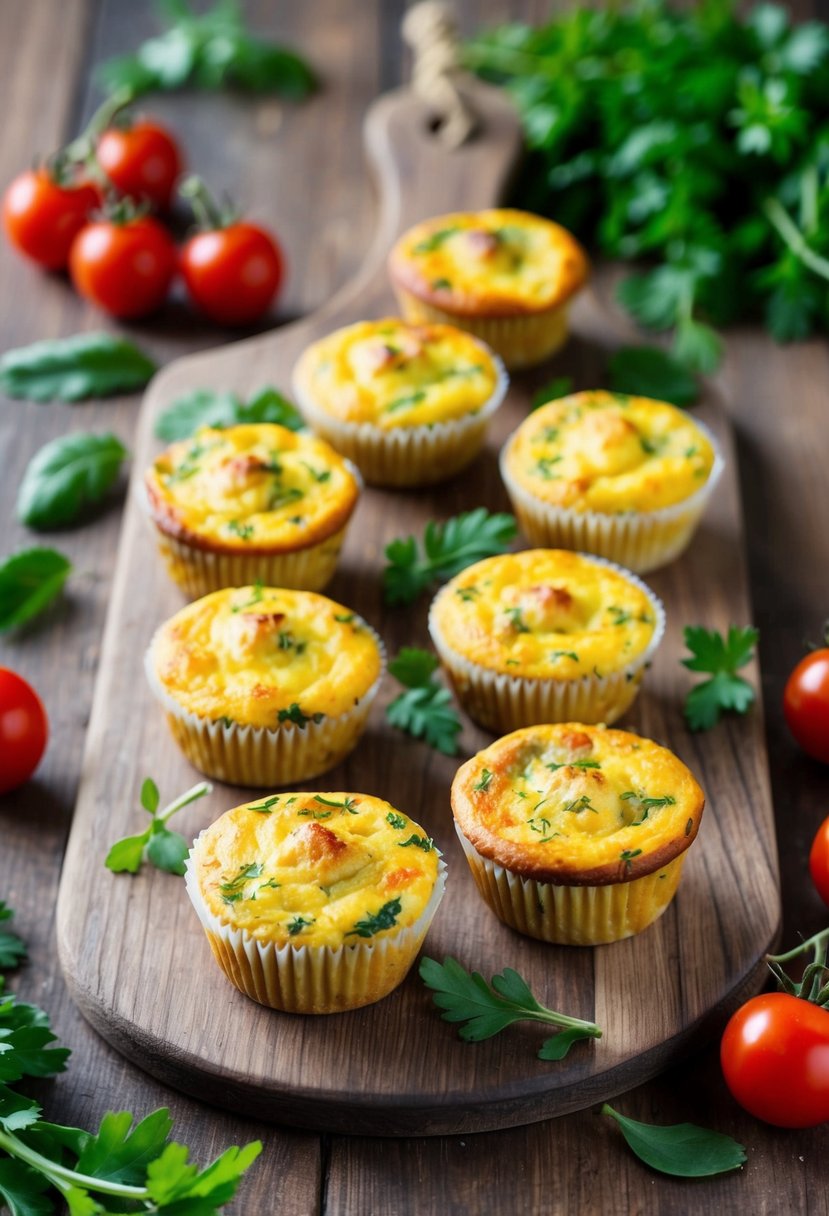 Mini quiche muffins arranged on a rustic wooden board with fresh herbs and cherry tomatoes scattered around