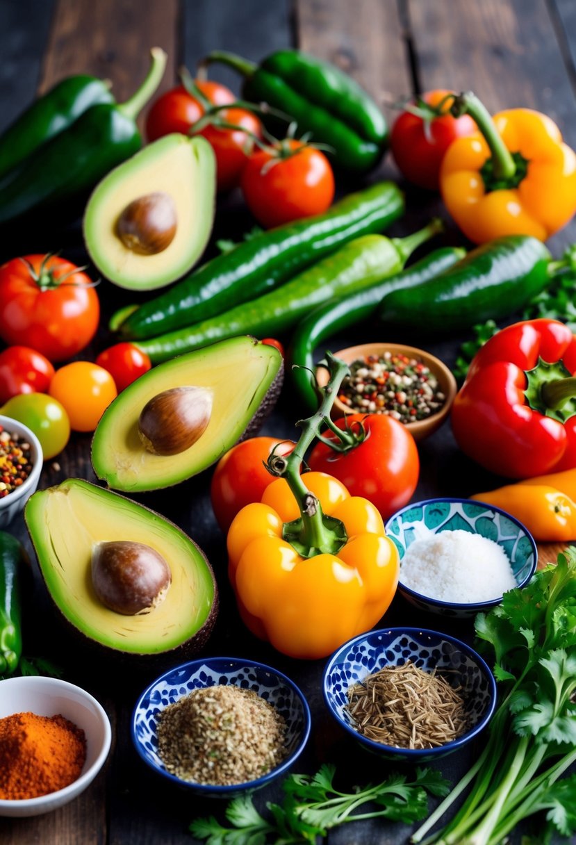 A colorful spread of fresh vegetables, avocados, tomatoes, and peppers, alongside a variety of Mexican spices and herbs