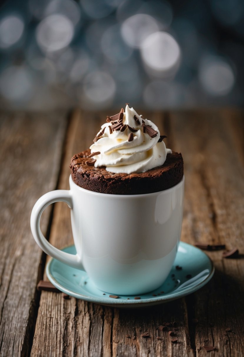 A single-serve mug brownie sits on a rustic wooden table, topped with a dollop of whipped cream and a sprinkling of chocolate shavings