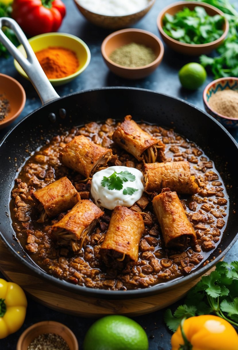 A sizzling skillet of Whole30 carnitas surrounded by colorful Mexican ingredients and spices