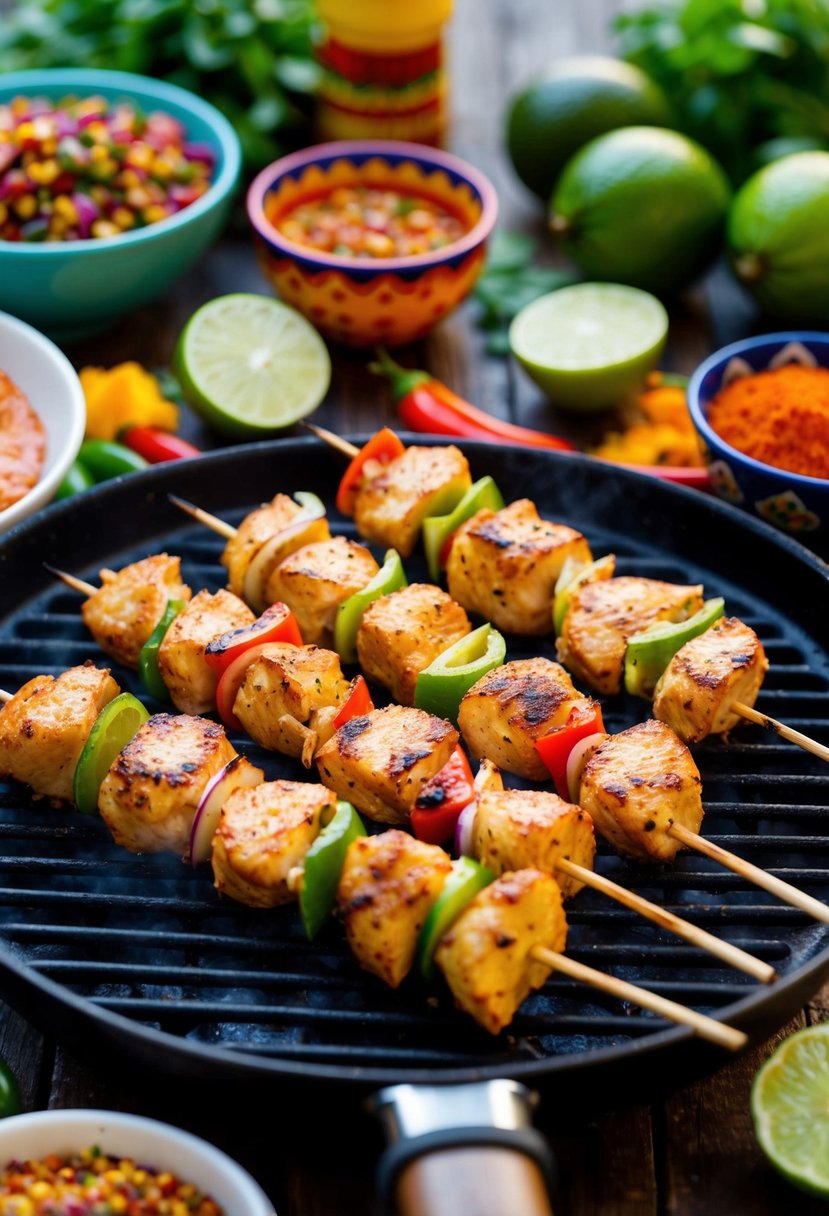 A sizzling grill with chili lime chicken skewers surrounded by colorful Mexican spices and ingredients