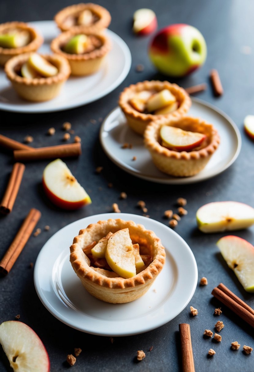 A small table with a plate of mini apple pie pockets surrounded by scattered cinnamon sticks and apple slices