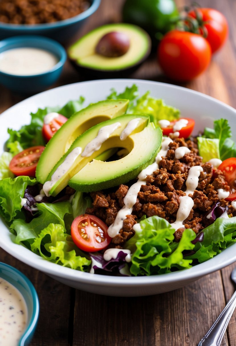 A colorful taco salad with fresh lettuce, tomatoes, avocado, and seasoned ground beef in a large bowl, topped with a drizzle of creamy dressing