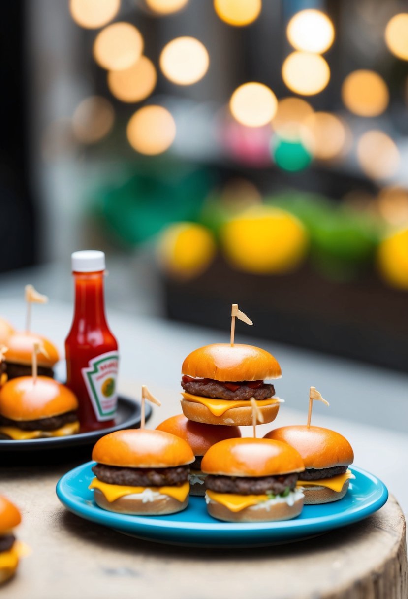 A platter of tiny cheeseburgers, each the size of a coin, arranged neatly on a miniature table with a tiny bottle of ketchup on the side