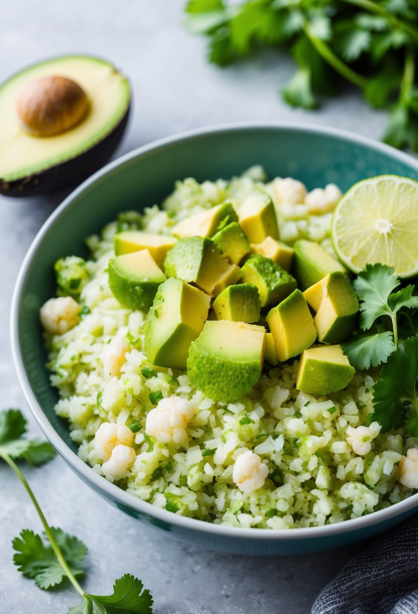 A bowl of vibrant green cauliflower rice topped with diced avocado and fresh cilantro, with a wedge of lime on the side