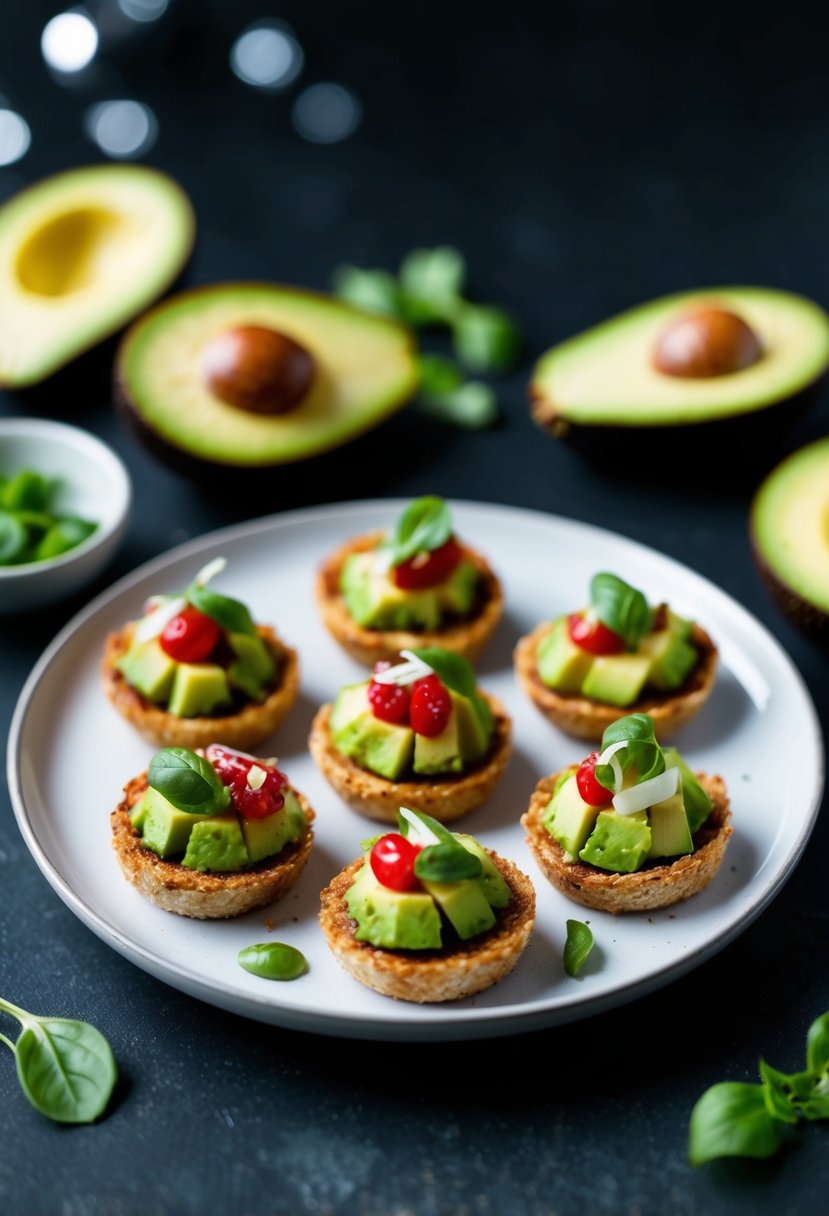 Mini avocado toast bites arranged on a small plate with garnishes