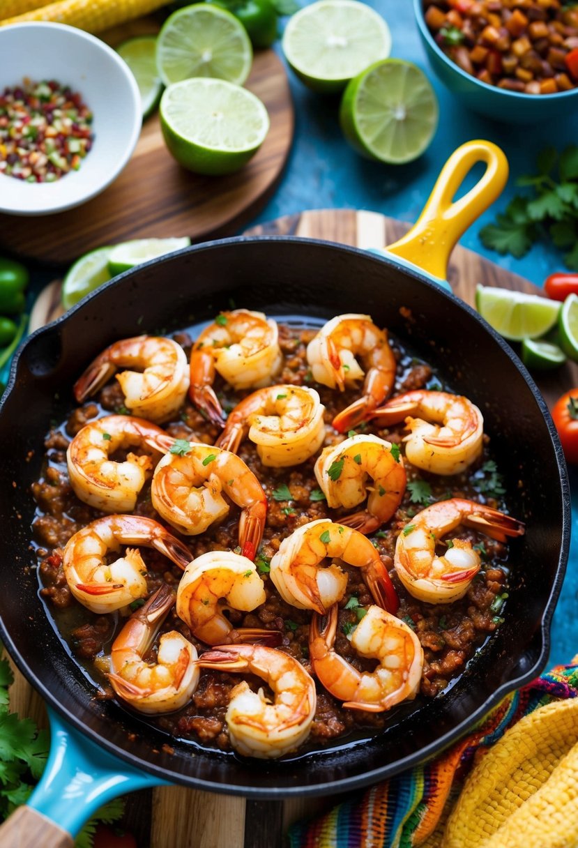 A sizzling skillet of Chipotle-Lime Shrimp surrounded by vibrant Mexican ingredients