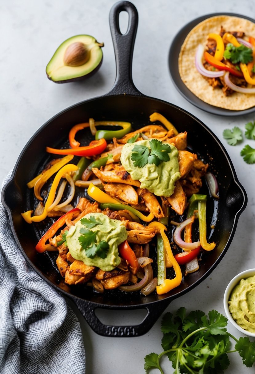 A sizzling skillet of Whole30 chicken fajitas with colorful bell peppers and onions, topped with fresh cilantro and served with a side of homemade guacamole