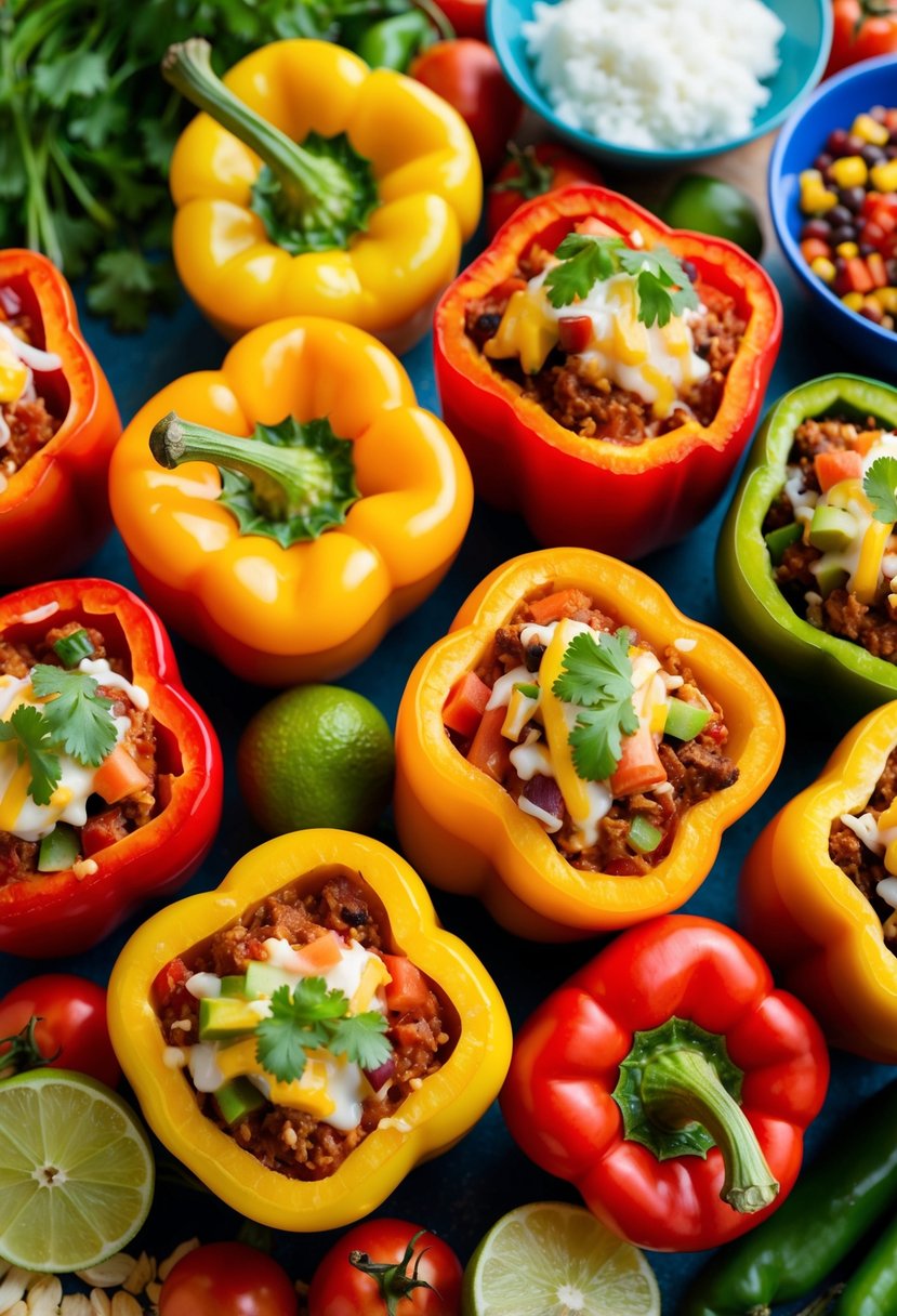 A colorful array of whole Mexican stuffed peppers surrounded by vibrant whole 30 ingredients