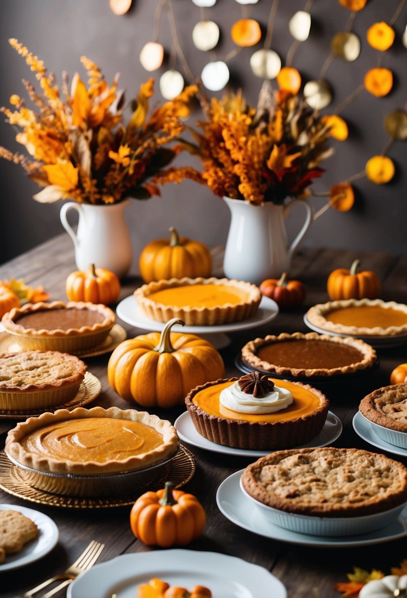 A table set with an assortment of easy Thanksgiving dessert recipes, including pies, cakes, and cookies, surrounded by autumn decorations