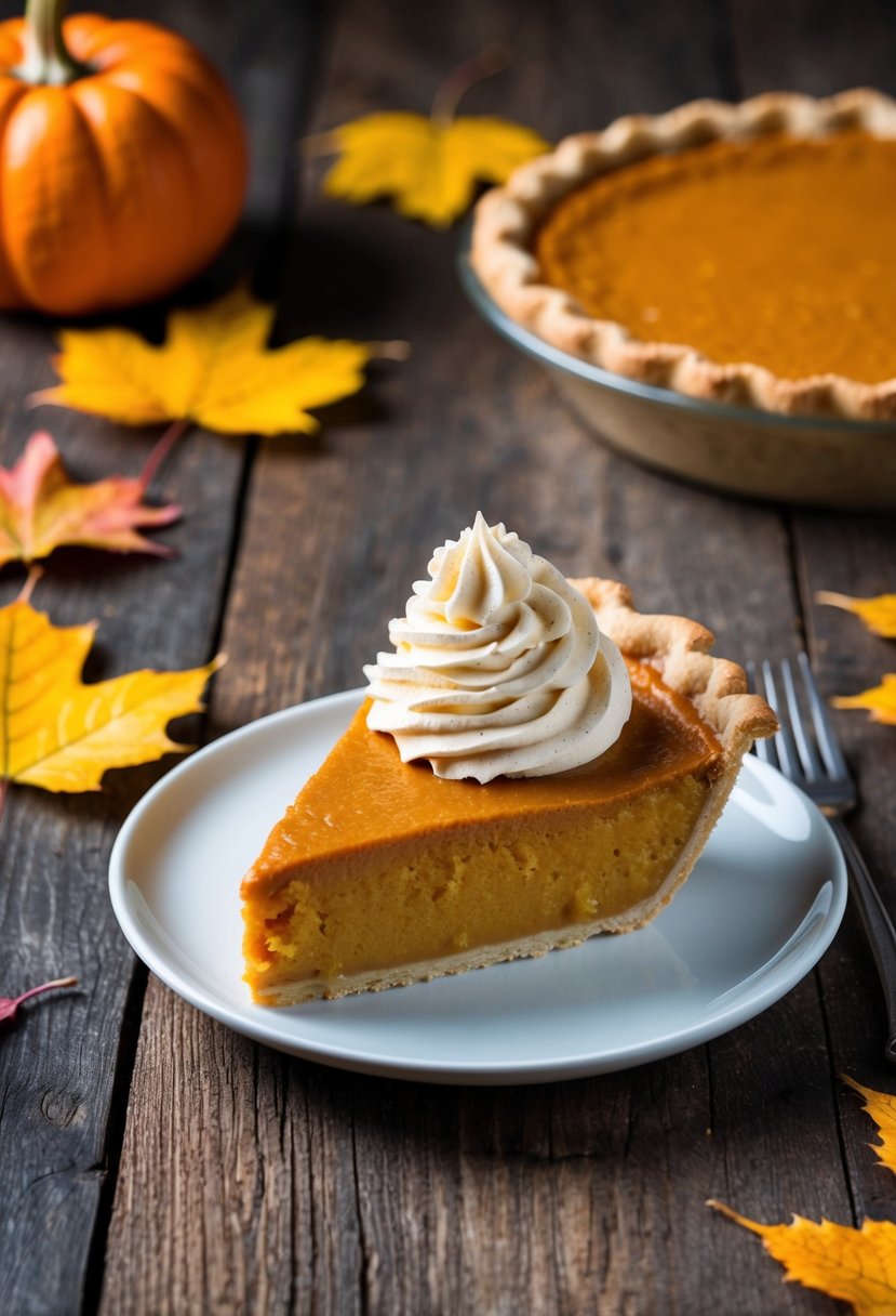 A slice of pumpkin pie topped with maple whipped cream on a rustic wooden table with autumn leaves scattered around