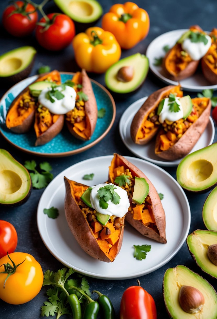 A colorful array of whole30 enchilada stuffed sweet potatoes surrounded by vibrant Mexican ingredients like tomatoes, peppers, and avocados