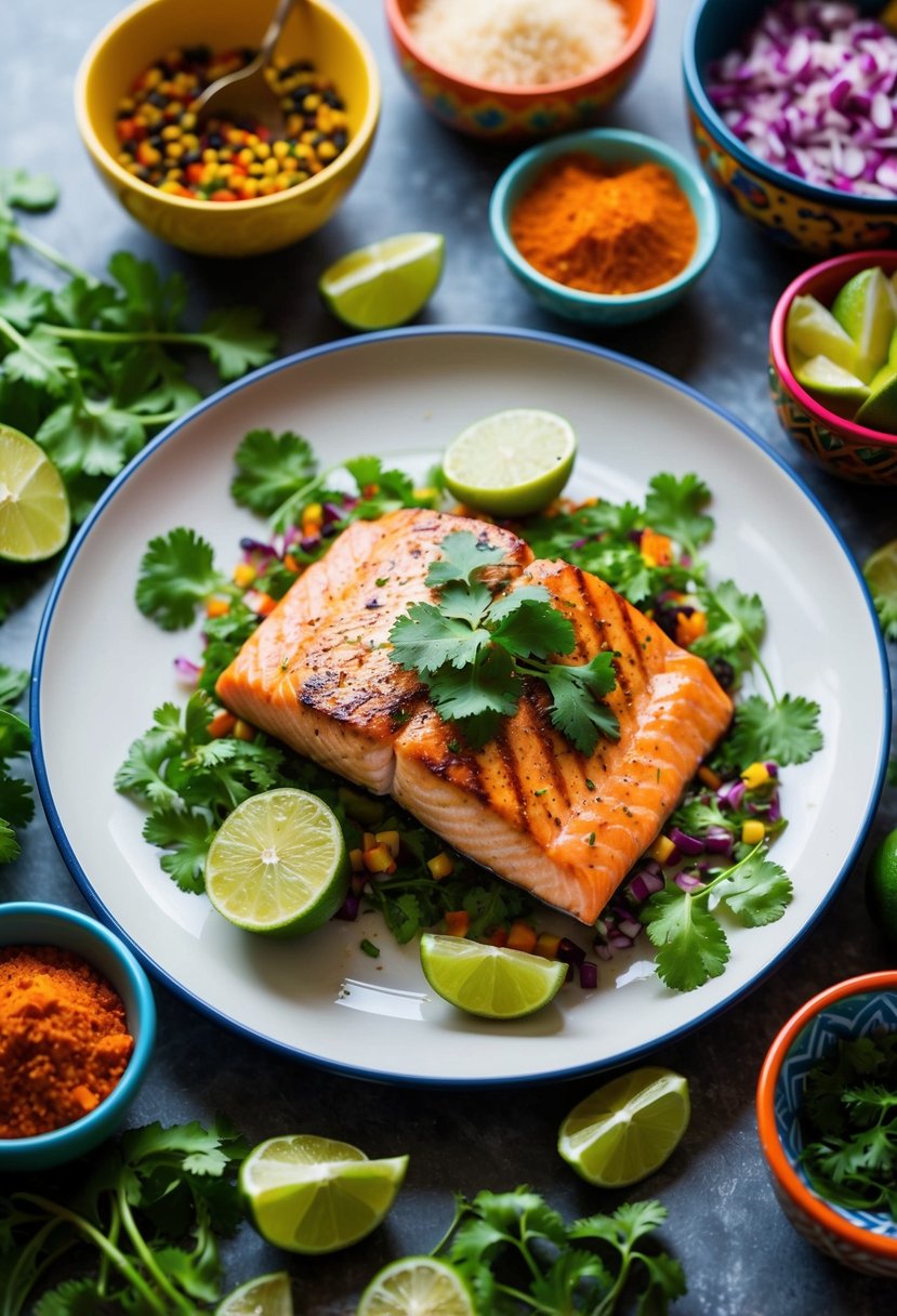 A vibrant plate of grilled salmon with cilantro and lime, surrounded by colorful Mexican ingredients and spices