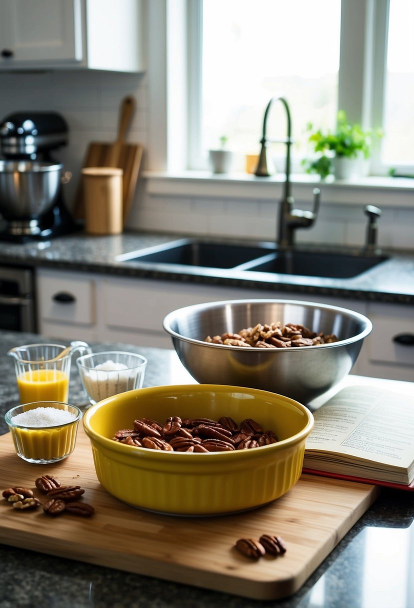 A kitchen counter with ingredients for pecan bars, a mixing bowl, and a baking pan. A recipe book lies open nearby