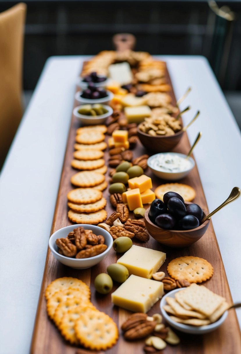 A table spread with various savory snacks, including cheese and crackers, nuts, and olives, arranged on a wooden serving board