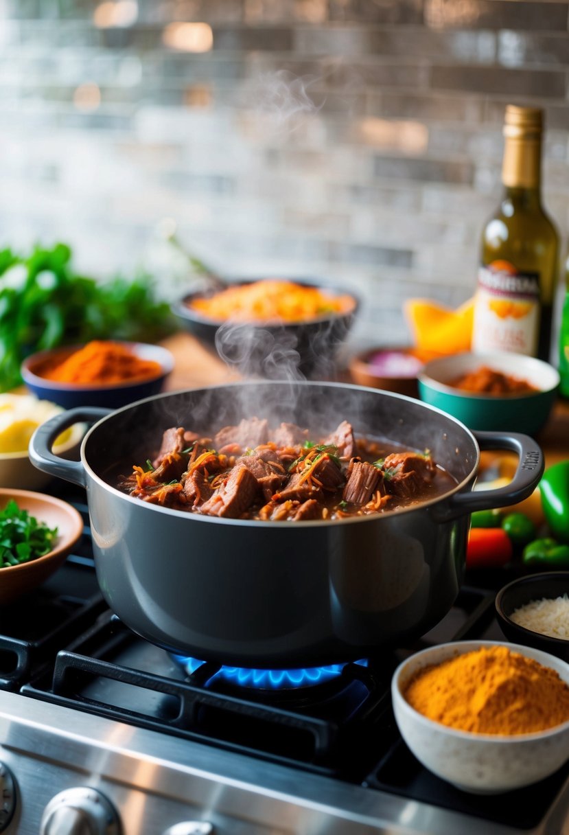 A steaming pot of Whole30 Beef Barbacoa simmers on a stove, surrounded by vibrant Mexican spices and fresh ingredients