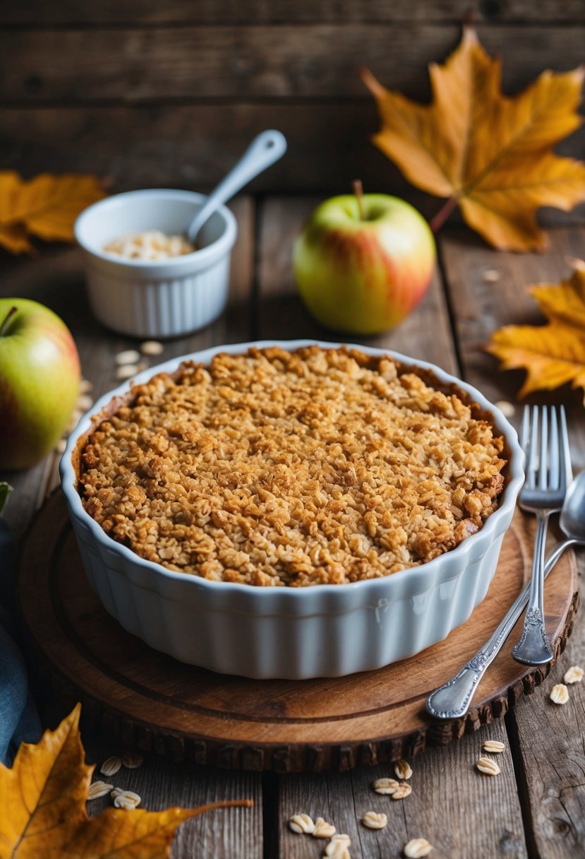 A warm apple crisp with a golden oat topping sits on a rustic wooden table, surrounded by autumn leaves and a cozy kitchen atmosphere