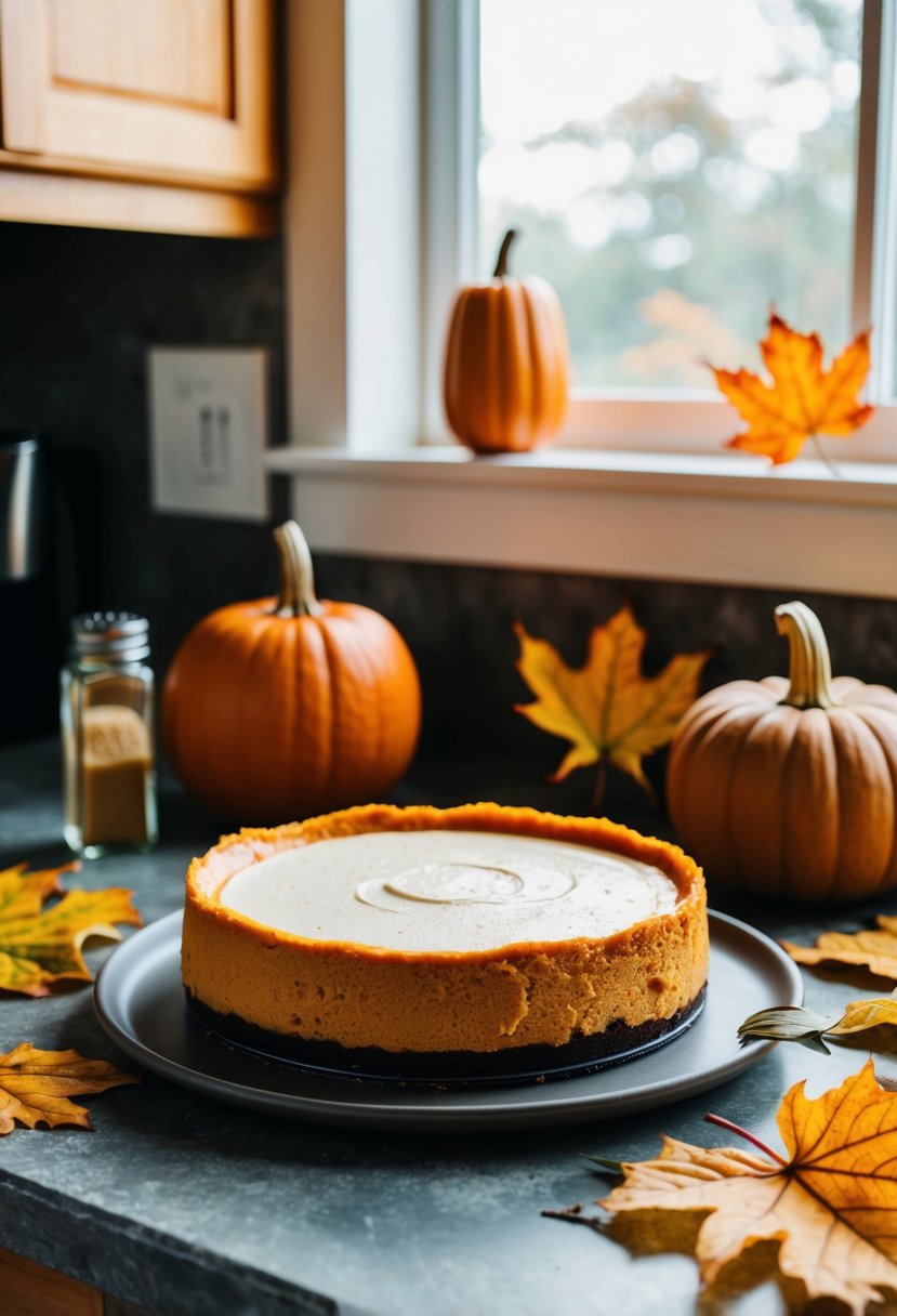 A rustic kitchen counter with a no-bake pumpkin cheesecake surrounded by autumn leaves and a pumpkin pie spice shaker