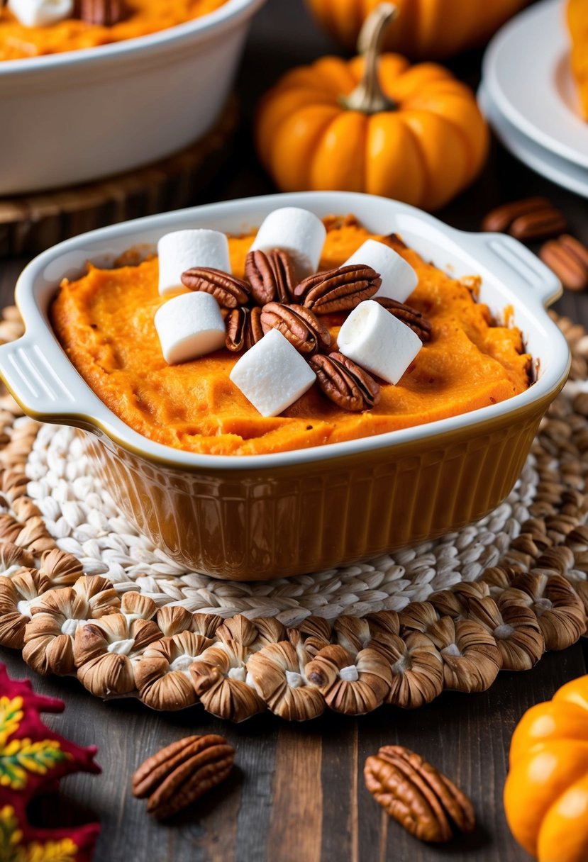 A sweet potato casserole topped with marshmallows and pecans, sitting on a festive Thanksgiving table