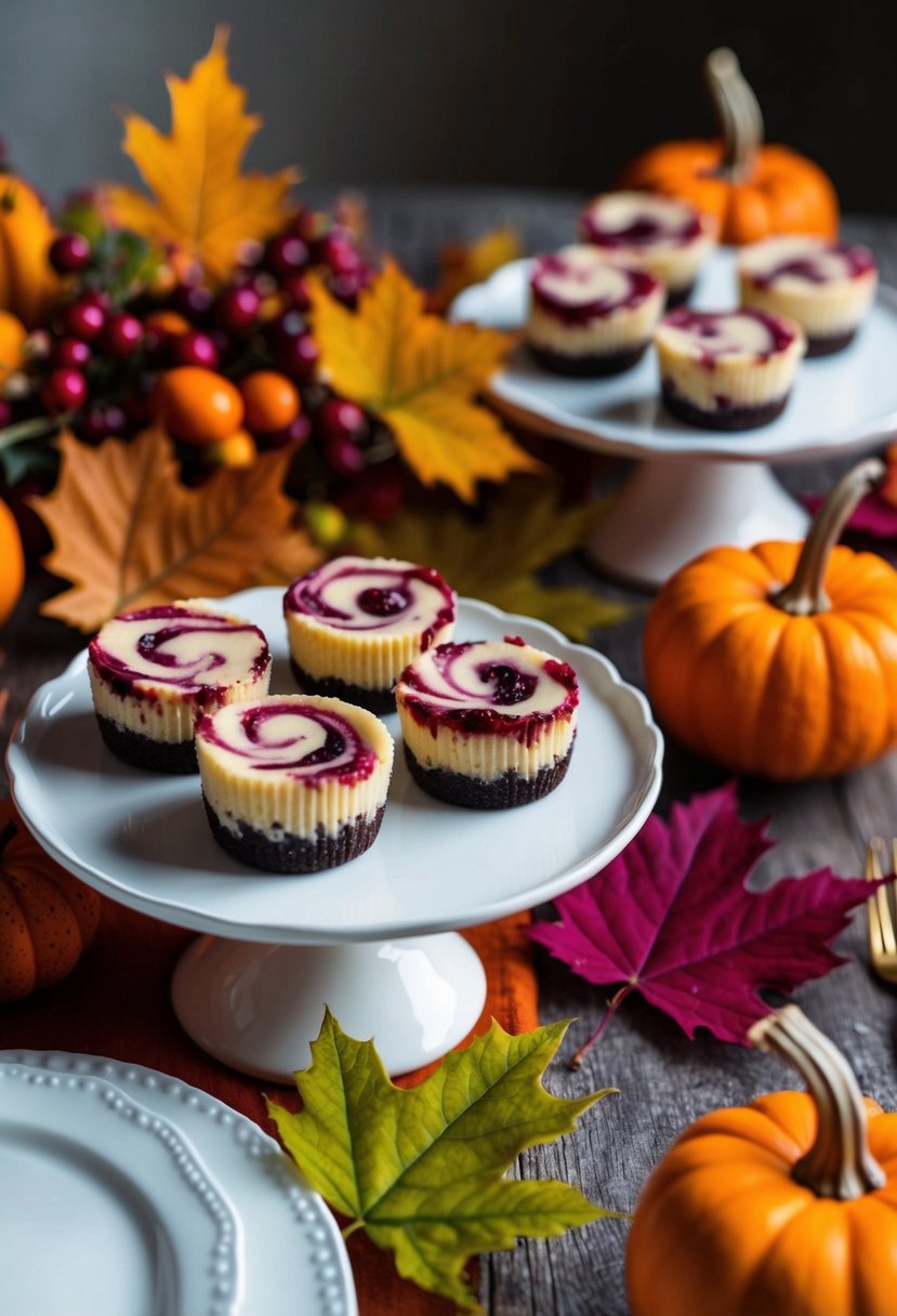 A festive table set with mini cranberry swirl cheesecakes, surrounded by autumn leaves and small pumpkins