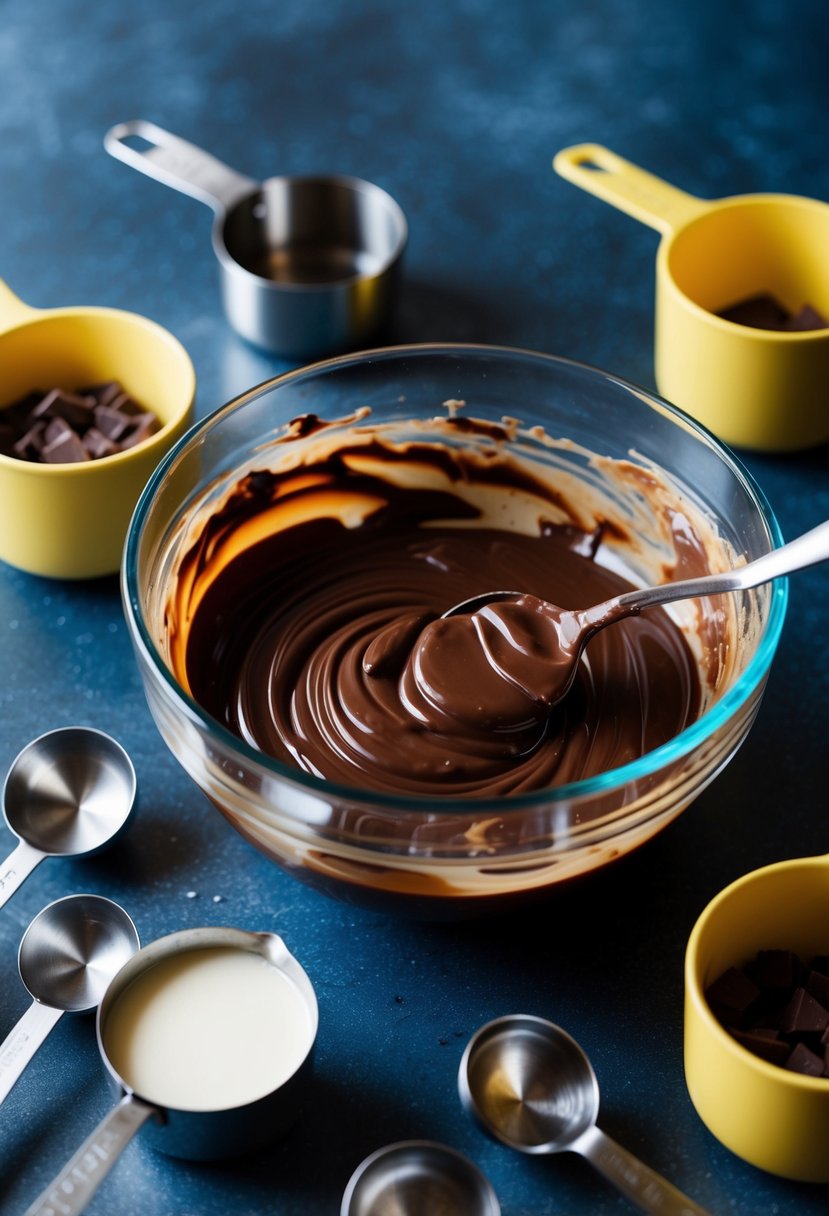 A mixing bowl filled with melted chocolate and condensed milk, surrounded by measuring cups and spoons, ready to be combined into a simple fudge dessert