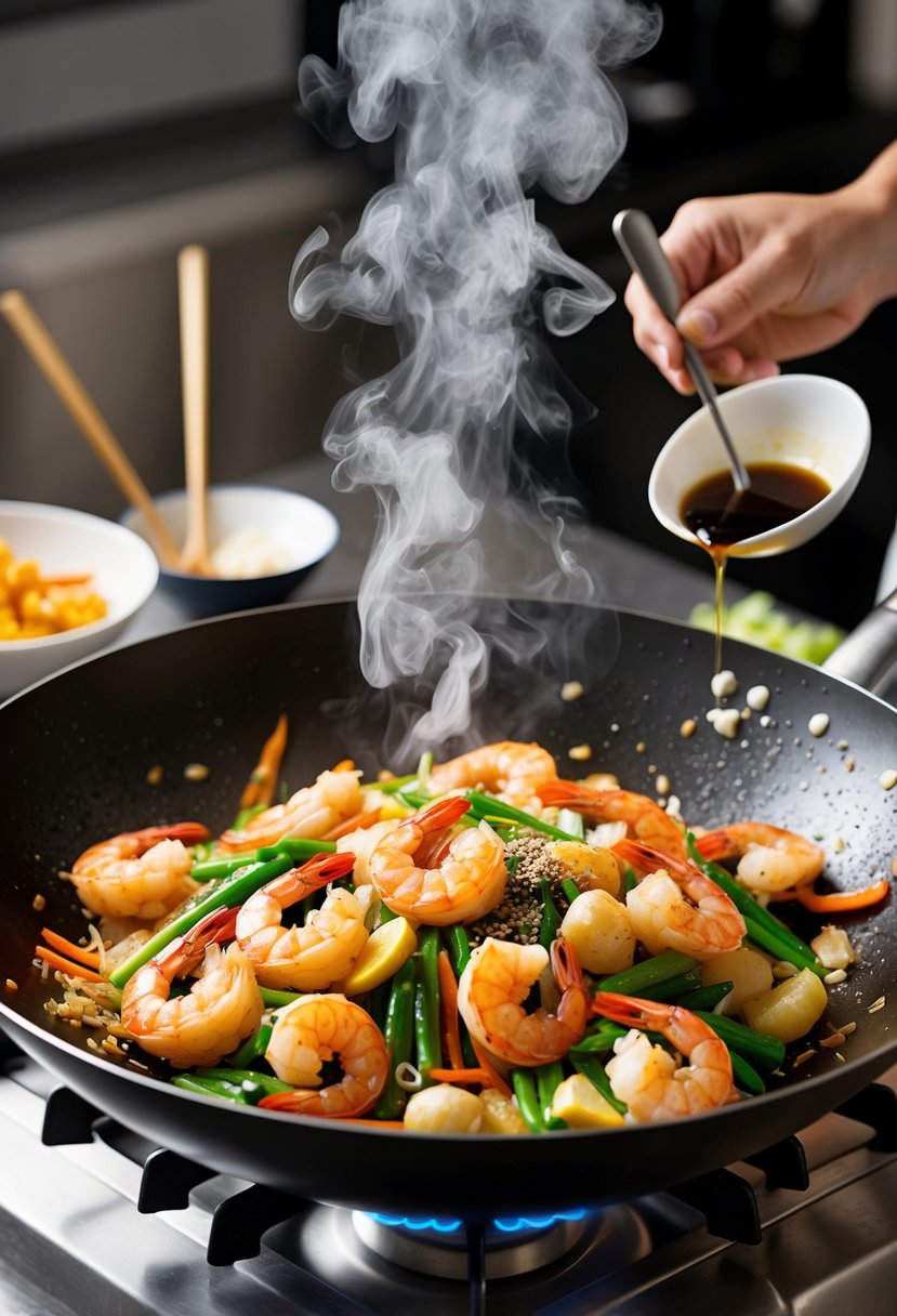 A sizzling wok filled with stir-fried prawns, ginger, garlic, and vibrant Asian vegetables. Steam rises as the chef adds a splash of soy sauce and a sprinkle of sesame seeds