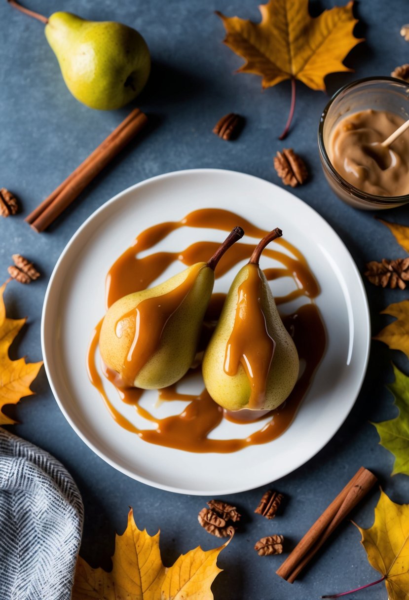 A plate of spiced pears drizzled with caramel sauce, surrounded by fall leaves and a cinnamon stick