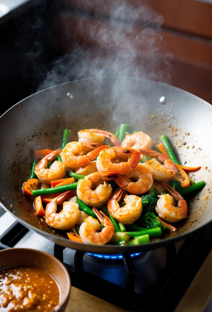 A steaming wok filled with sizzling prawns, vibrant vegetables, and spicy sambal sauce