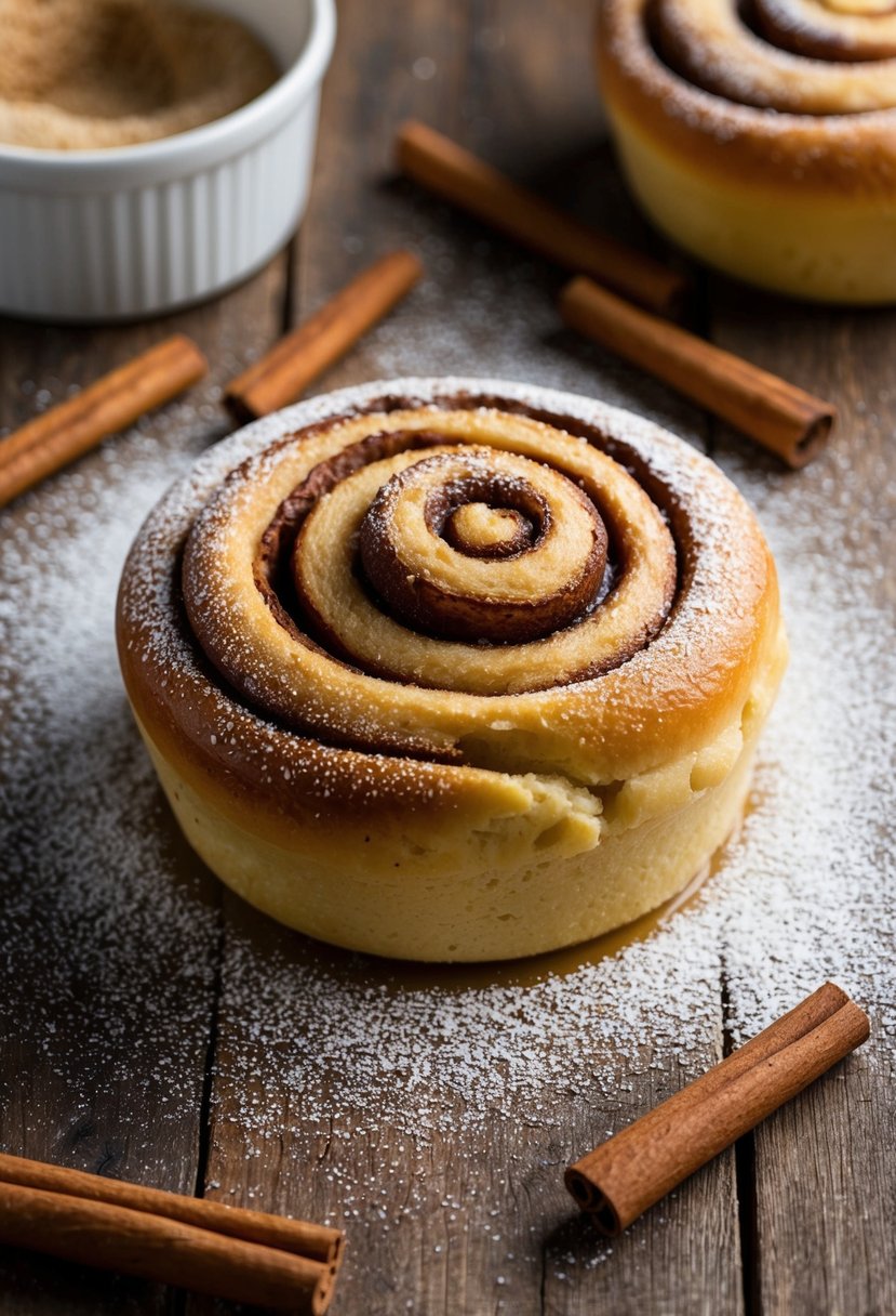 A warm, golden-brown cinnamon roll bread pudding sits on a rustic wooden table, surrounded by scattered cinnamon sticks and a dusting of powdered sugar