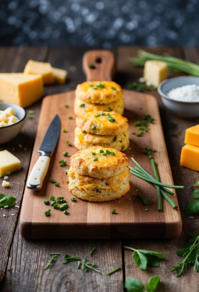 A rustic kitchen scene with a wooden cutting board topped with freshly baked cheddar and chive scones, surrounded by scattered ingredients like cheese and herbs