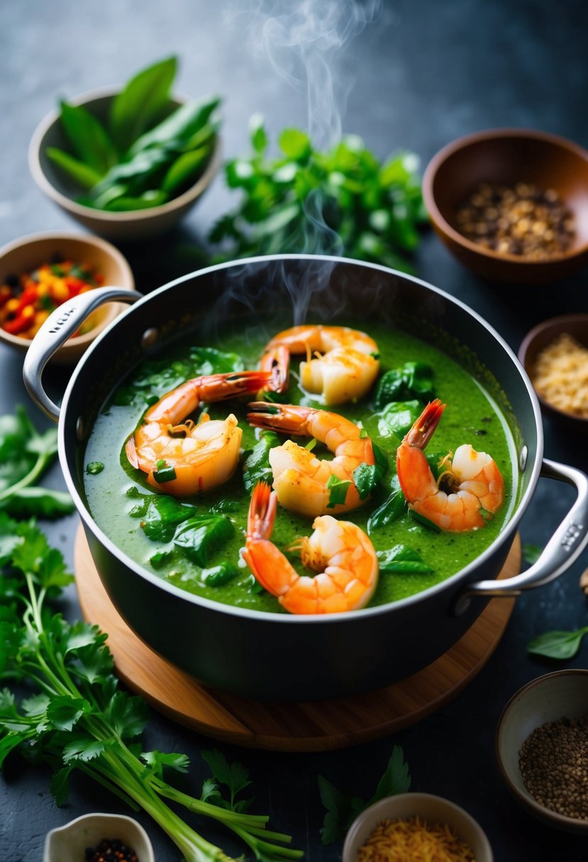 A steaming pot of Thai Green Curry with plump prawns, surrounded by vibrant Asian spices and fresh herbs