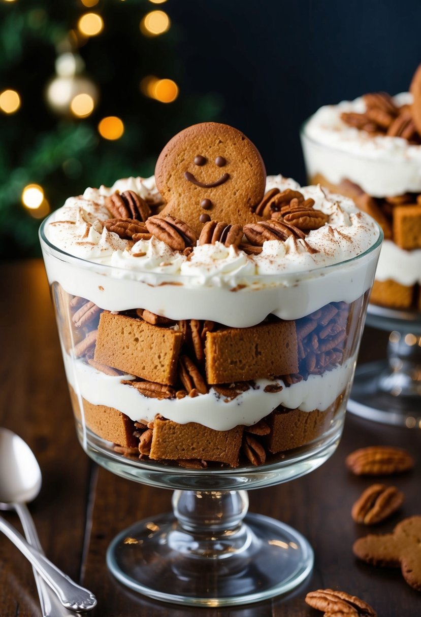 A festive trifle dish filled with layers of gingerbread, whipped cream, and caramelized pecans, topped with a sprinkle of cinnamon and a gingerbread cookie