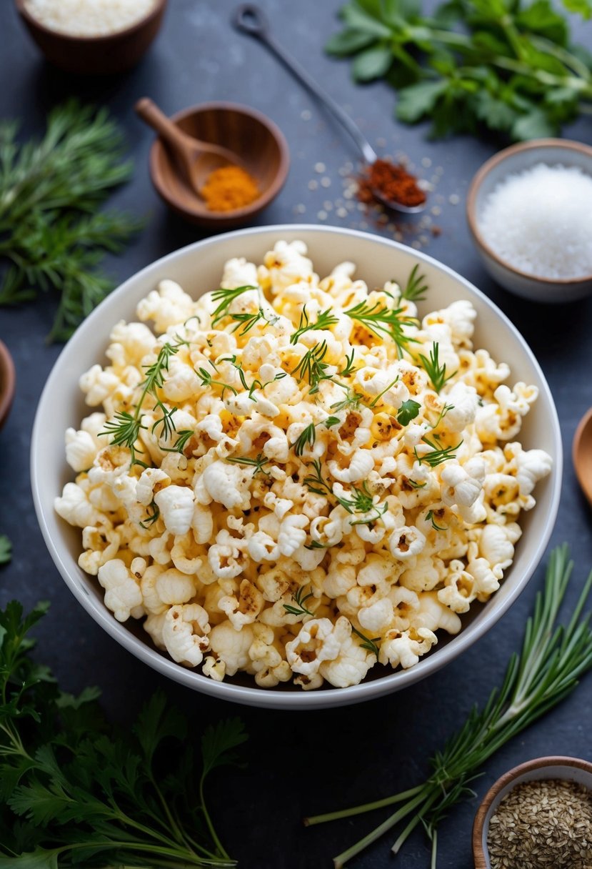 A bowl of Italian Herb Popcorn surrounded by fresh herbs and spices