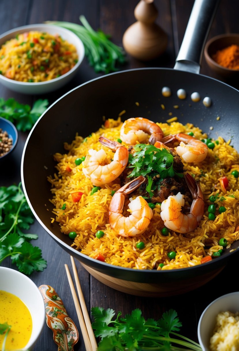 A sizzling wok filled with golden fried rice, succulent prawns, and aromatic garlic butter, surrounded by vibrant Asian spices and fresh herbs