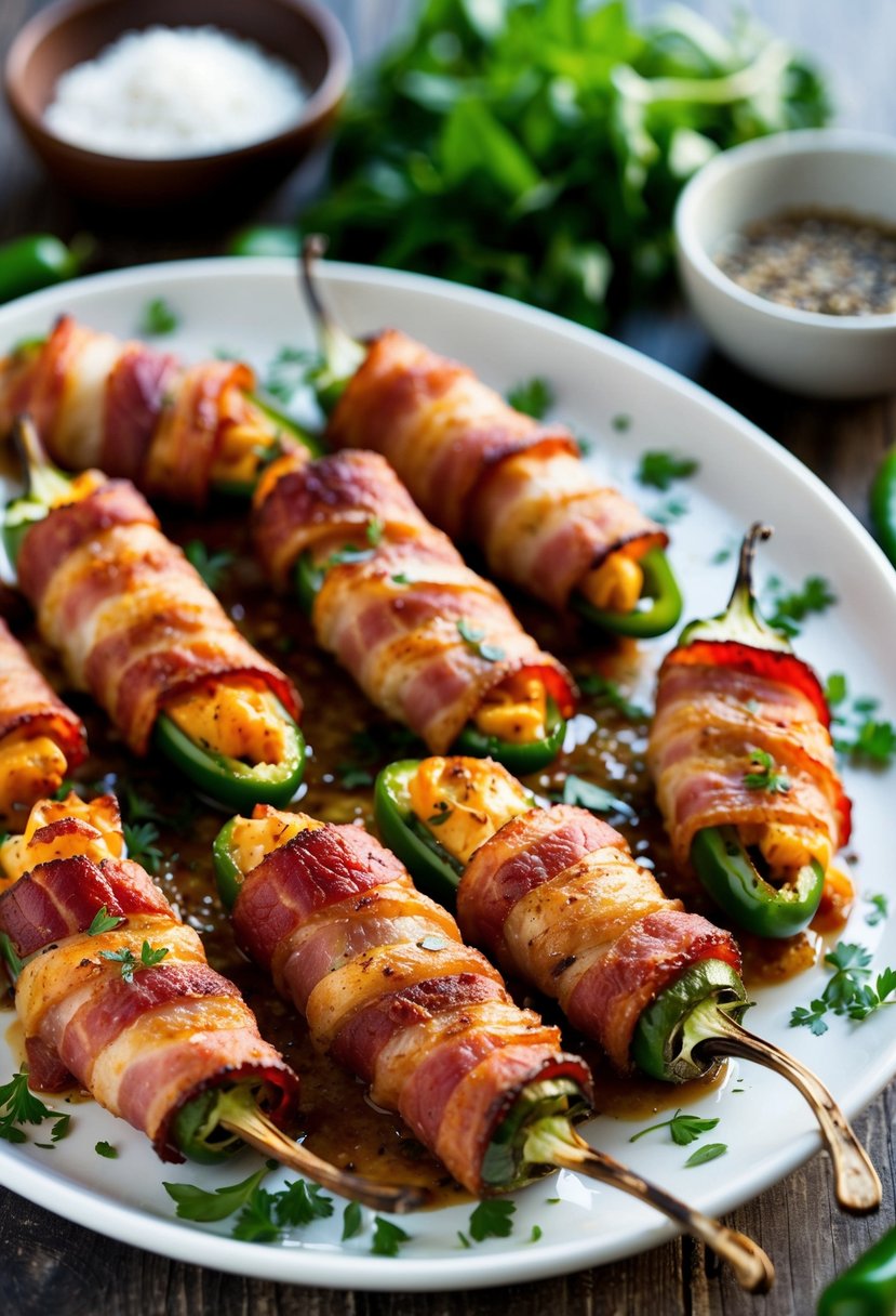 A platter of sizzling bacon-wrapped jalapeño poppers, golden and crispy, surrounded by fresh herbs and spices