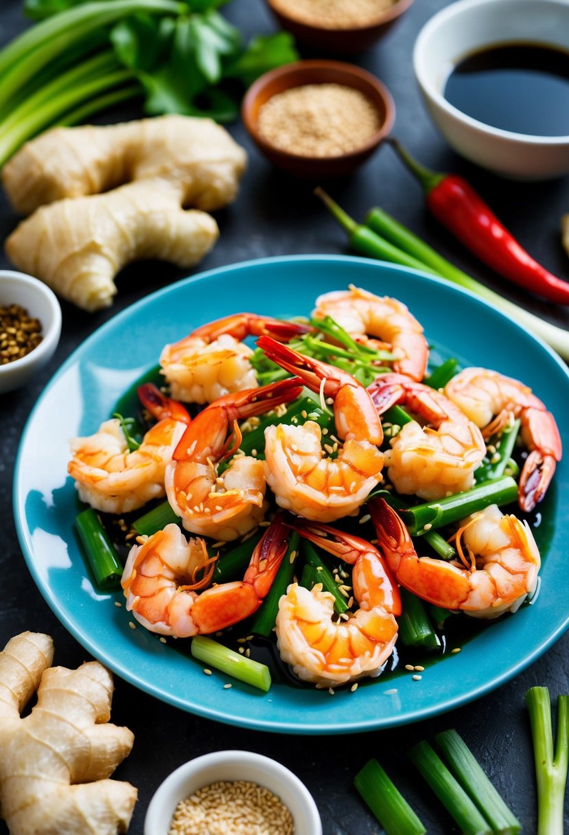 A platter of miso-glazed prawns with sesame seeds, surrounded by vibrant Asian ingredients like ginger, scallions, and chili peppers