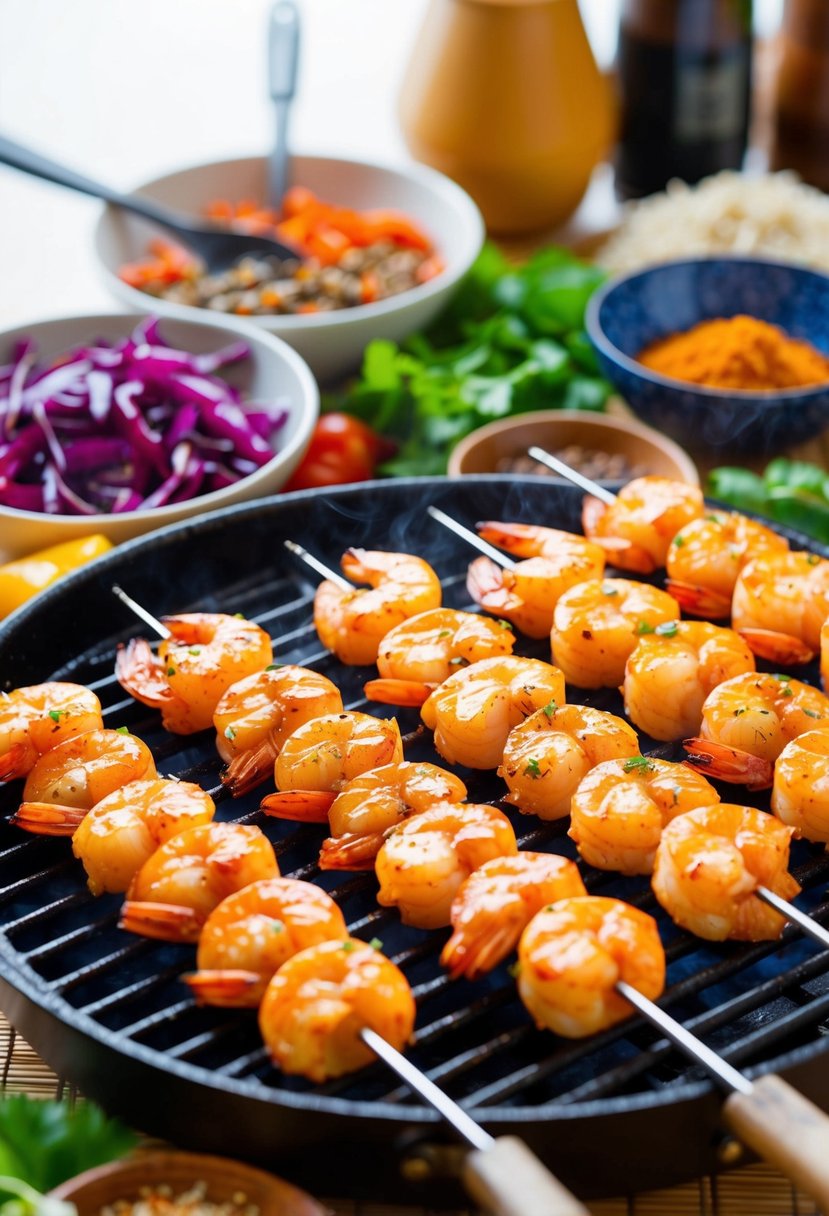 A sizzling grill with skewers of marinated prawns, surrounded by vibrant Korean spices and ingredients