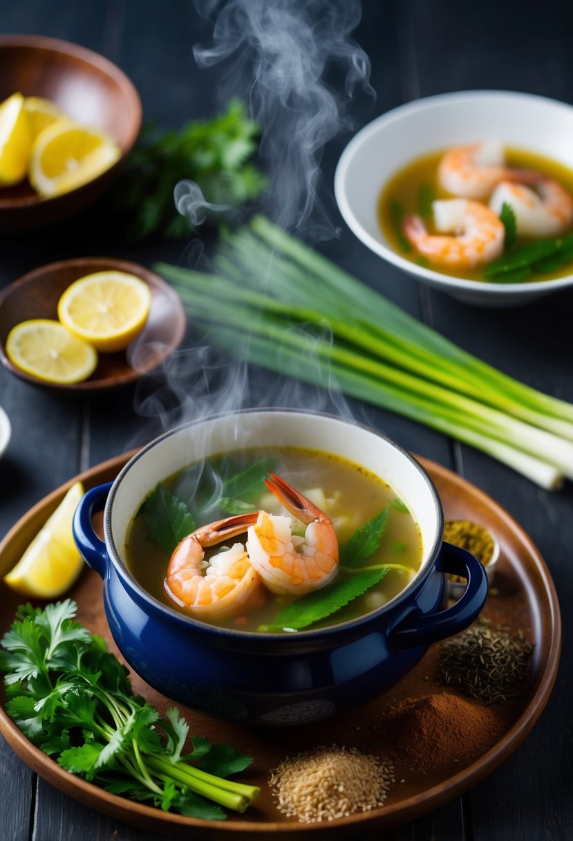 A steaming pot of Lemongrass Prawn Soup surrounded by fresh prawns, herbs, and Asian spices